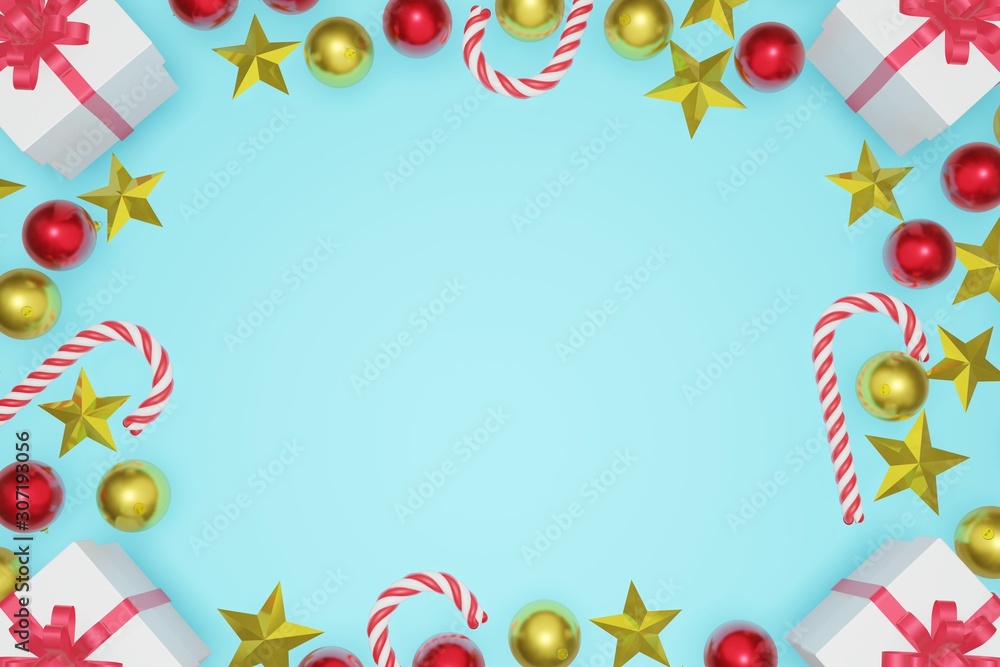Top view Christmas and New Year blue sky background with copy space frame, 3d rendering.