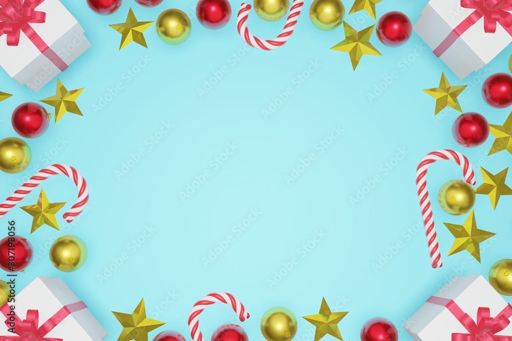 Top view Christmas and New Year blue sky background with copy space frame, 3d rendering. Top view Christmas and New Year blue sky background with copy space frame, 3d rendering.