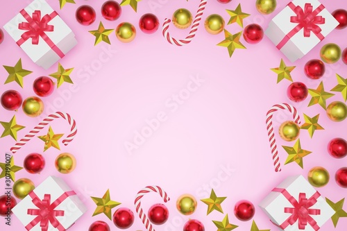 Top view Christmas and New Year pink background with copy space frame, 3d rendering.