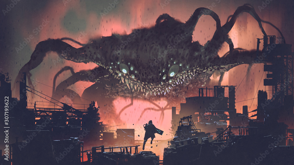 Obraz Scena sci-fi przedstawiająca gigantycznego potwora atakującego nocne miasto, cyfrowy styl artystyczny, malarstwo ilustracyjne