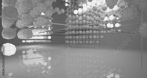 Abstract architectural white interior of spheres with neon lighting. Drawing. 3D illustration and rendering.
