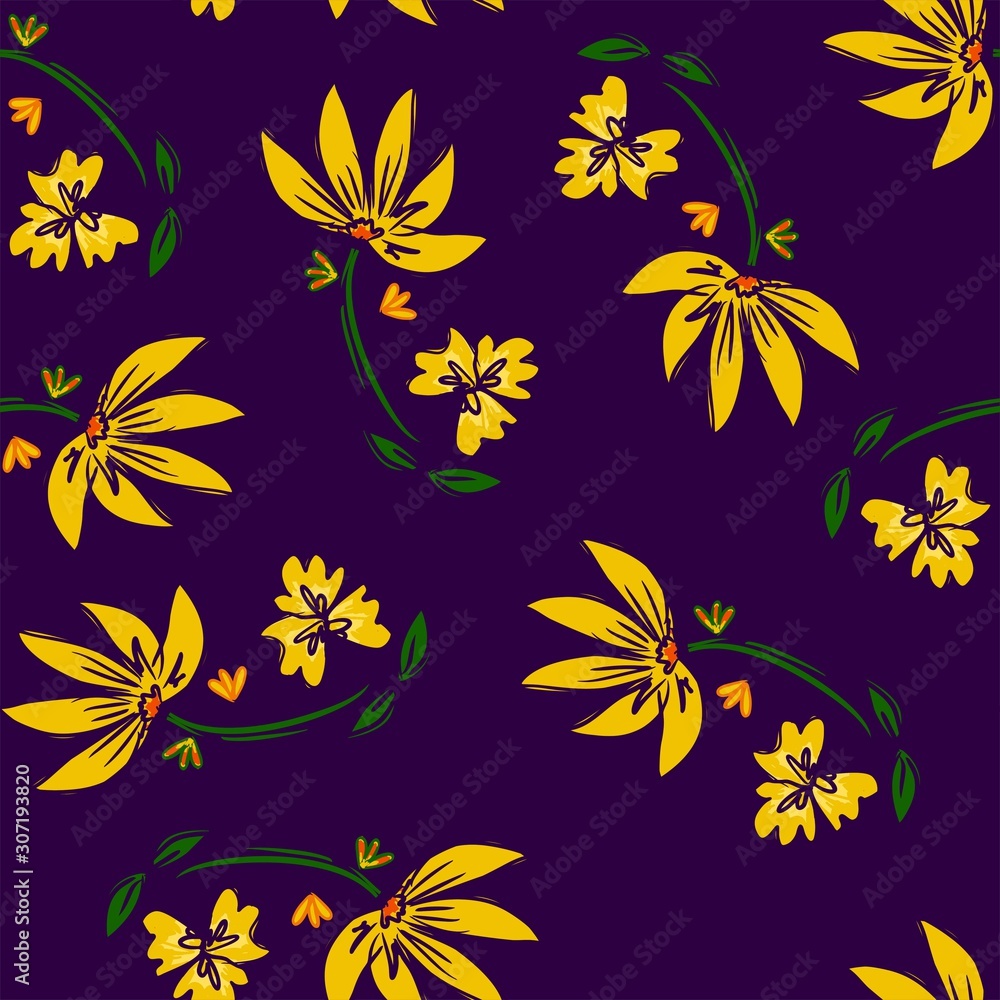 Background pattern of many different small flowers and plants. Seamless vector illustration. Design print for textiles