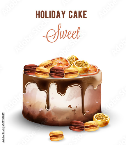 Holiday sweet cake with french macaroons and passion fruit. Chocolate glaze. Watercolor Vector