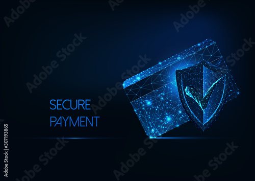 Futuristic secure payment concept with glow low polygonal credit card, protection approval shield.