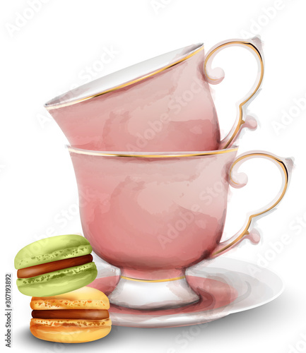 Pink watercolor tea cups with macaroon sweets. Vector