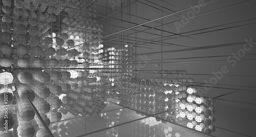 Abstract architectural white interior of  spheres with neon lighting. Drawing. 3D illustration and rendering.