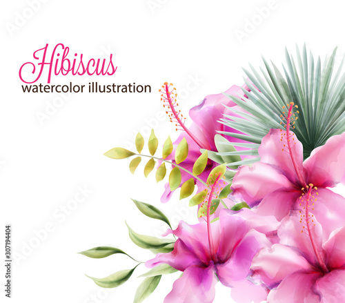 Hibiscus flowers and palm leaves. Watercolor vector