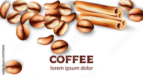 Coffee beans and cinnamon sticks. Watercolor vector