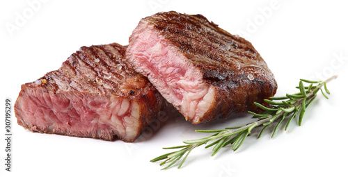 Sliced Grilled Beef Steak Isolated on white background photo