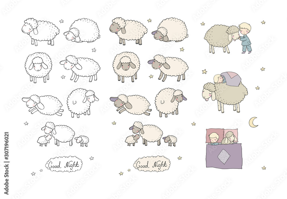 Sleeping boy and cute cartoon sheep. Good night. sleep time. Print for pajamas . Sleeping boy and cute cartoon sheep. Good night. sleep time. Print for pajamas .