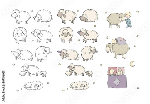 Sleeping boy and cute cartoon sheep. Good night. sleep time. Print for pajamas .