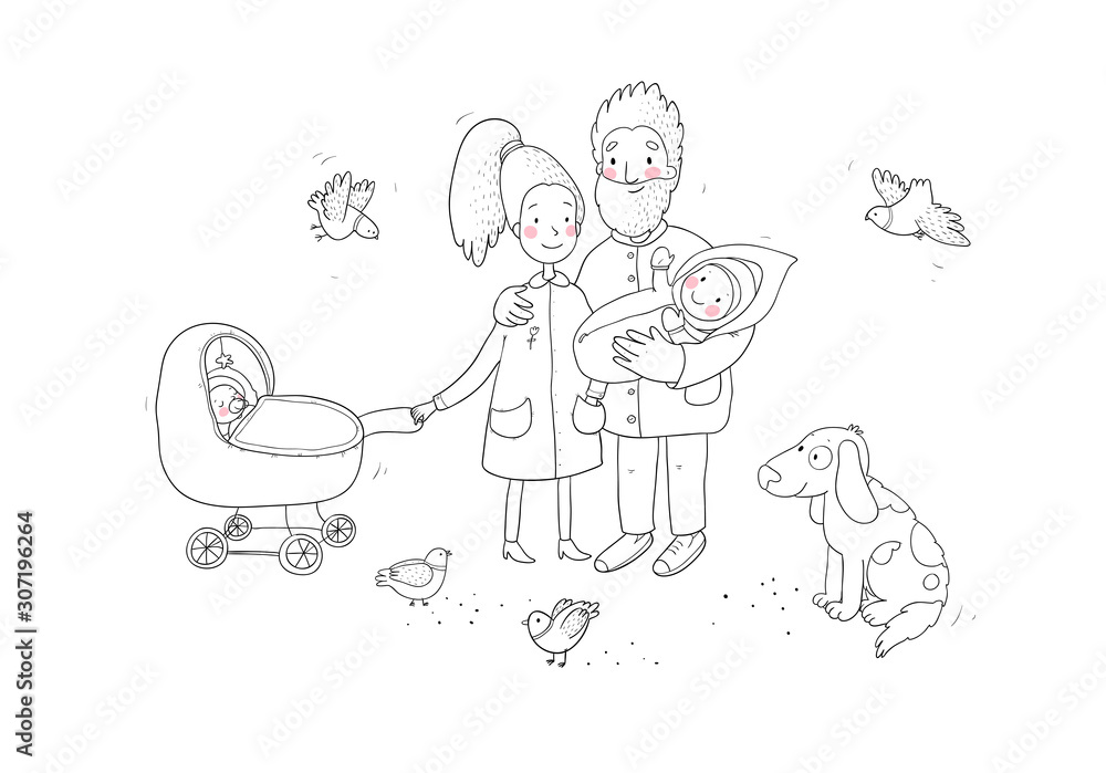 Happy family with newborns. Mom, dad and kids on a walk. Cheerful funny dog and pigeons. Cute cartoon couple and baby
