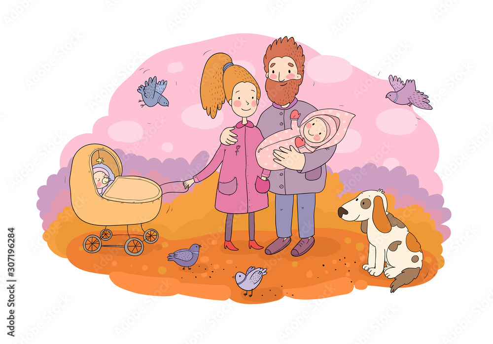 Happy family with newborns. Mom, dad and kids on a walk. Cheerful funny dog and pigeons. Cute cartoon couple and baby Happy family with newborns. Mom, dad and kids on a walk. Cheerful funny dog and pigeons. Cute cartoon couple and baby