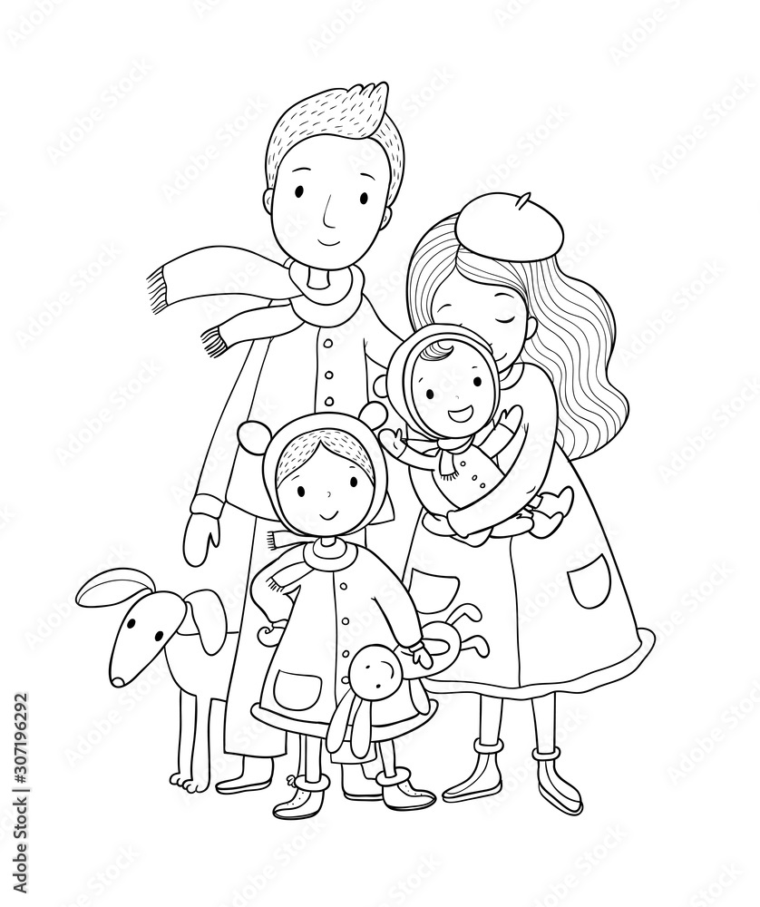 A happy family. Parents with children. Cute cartoon dad, mom, daughter, son and baby. Funny pet cat and dog A happy family. Parents with children. Cute cartoon dad, mom, daughter, son and baby. Funny pet cat and dog