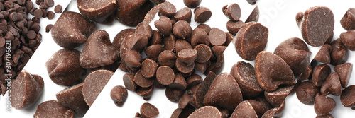 Collage of tasty chocolate chips on white background, top view