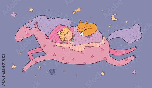 The boy in the crown sleeps on a magic pony. The little king. Good night. Sweet Dreams