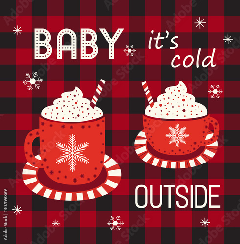 Hot cocoa mug whipped cream flat vector icon