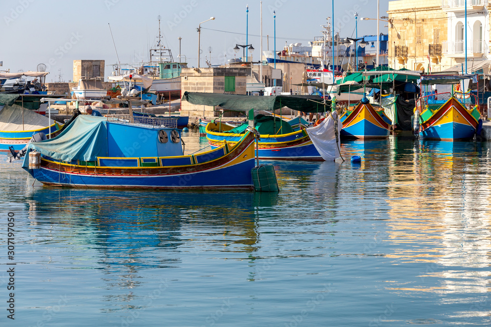 Marsaxlokk. Traditional boats Luzzu in the old harbor.