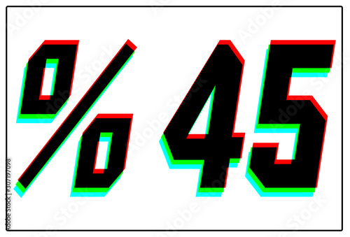 %45 Discount text. Dynamic, split-color design and unique font, shadow of  number blue, green, red. in black thin frame and on white background. 