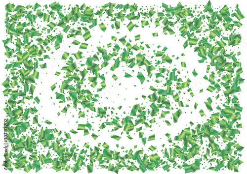 Festive green rectangle confetti background. Abstract frame confetti texture for holiday, postcard, poster, website, carnival, birthday, children's parties. Cover confetti mock-up. Wedding card layout