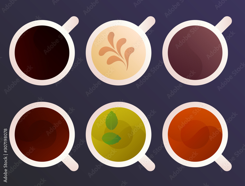 Hot beverages set in white cups on dark background. Coffee and tea menu