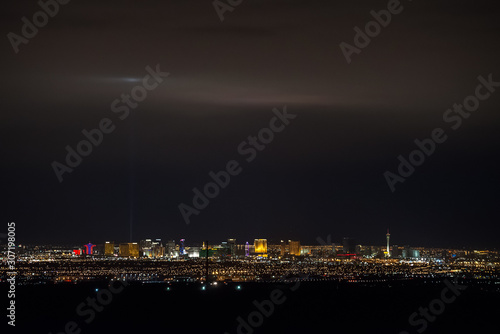 USA, Nevada, Clark County, Las Vegas. A nighttime view of the casinos on the Strip and downtown.
