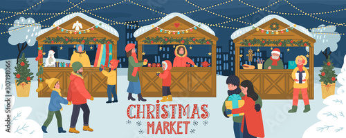 Christmas market. Kiosks of gifts, food and hot drinks. People walk,  eat, celebrate and shopping in the evening city. Hand drawn lettering.