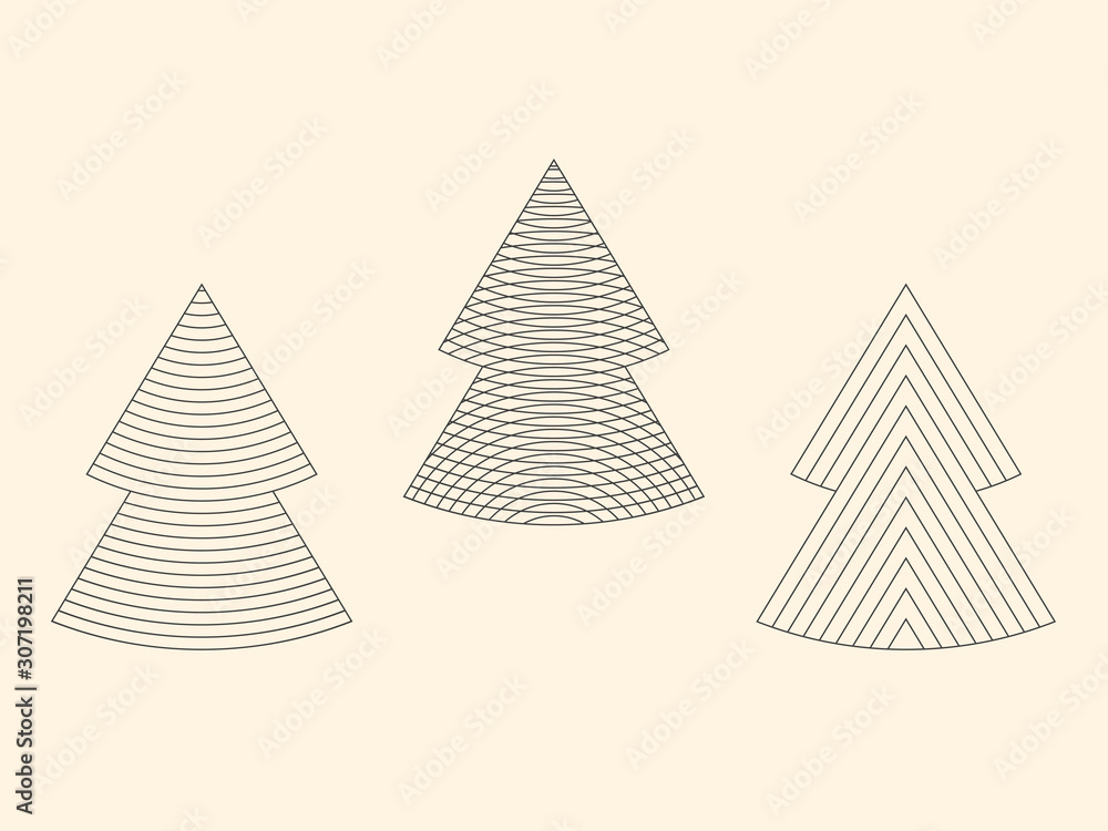 Set of linear graphic stylized Christmas trees on beige