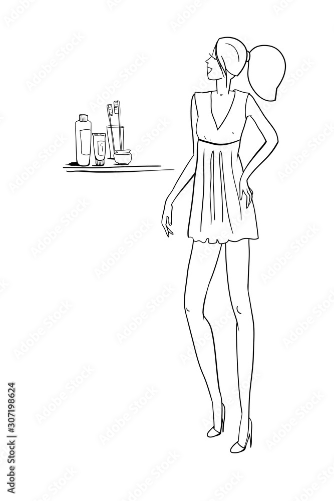 Beautiful girl model, in a short dress, stands in the bathroom in front of the mirror, face and body care, fashion illustration, vector, for design, for the design of pages on social networks Beautiful girl model, in a short dress, stands in the bathroom in front of the mirror, face and body care, fashion illustration, vector, for design, for the design of pages on social networks