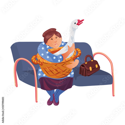 An old woman sitting in the waiting hall with her goose for visiting a doctor in vet clinic. Vector colorful illustration in cartoon style