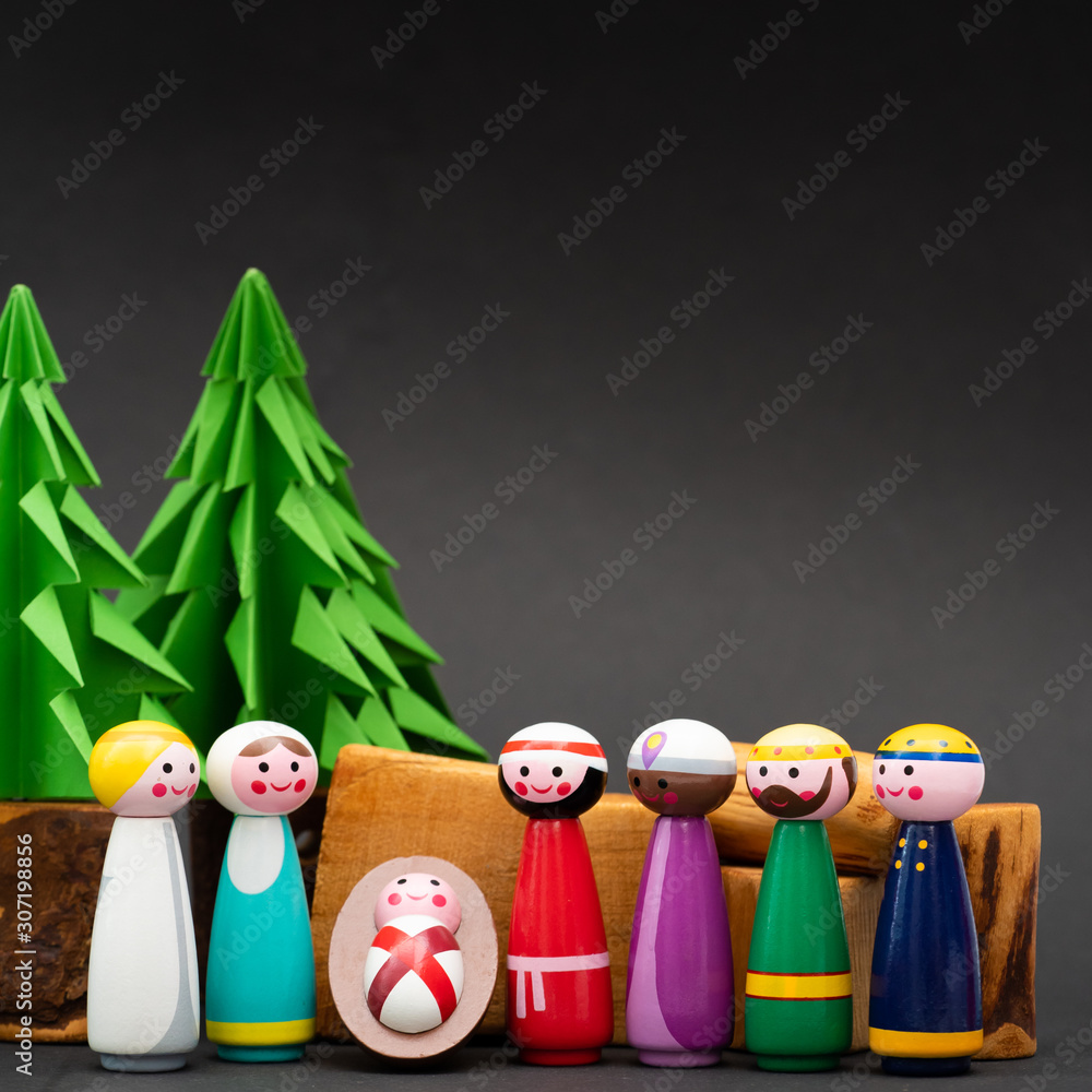 Christmas nativity scene of born child baby Jesus Christ in the manger ...