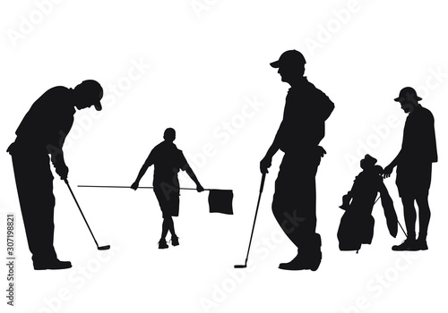 Vector silhouettes of two golfers putting on the green as two caddies assist.
