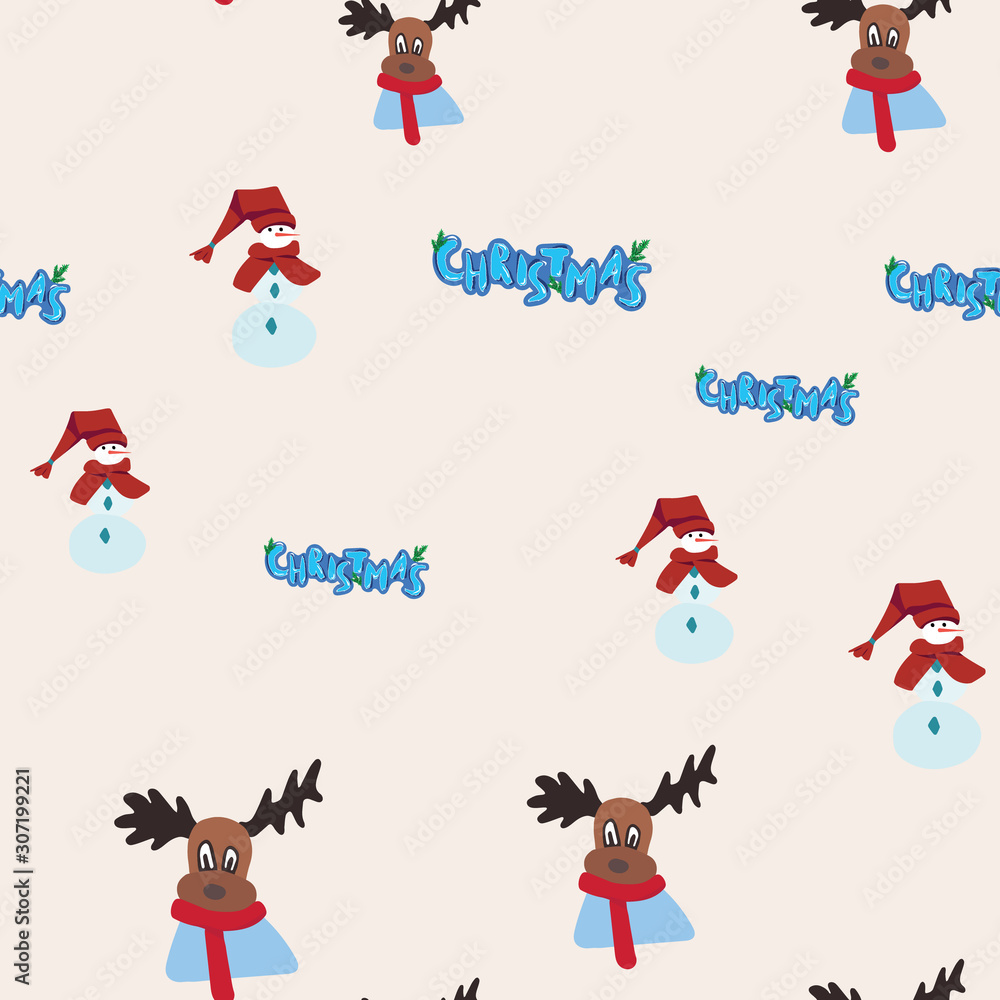 Christmas lettering, snowman and reindeer seamless pattern.