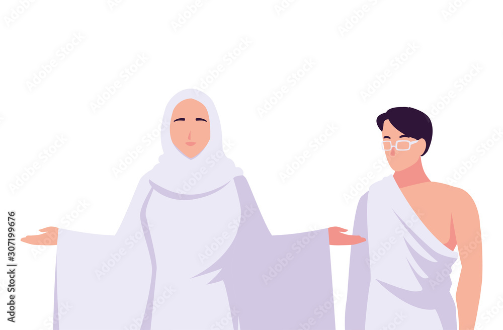 couple of people pilgrims hajj on white background