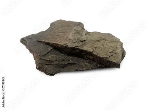 Oil shale isolated on white background. Oil shale is a rock that contains significant amounts of organic material in the form of kerogen. There is noise and grain caused by the texture of the stone.  photo