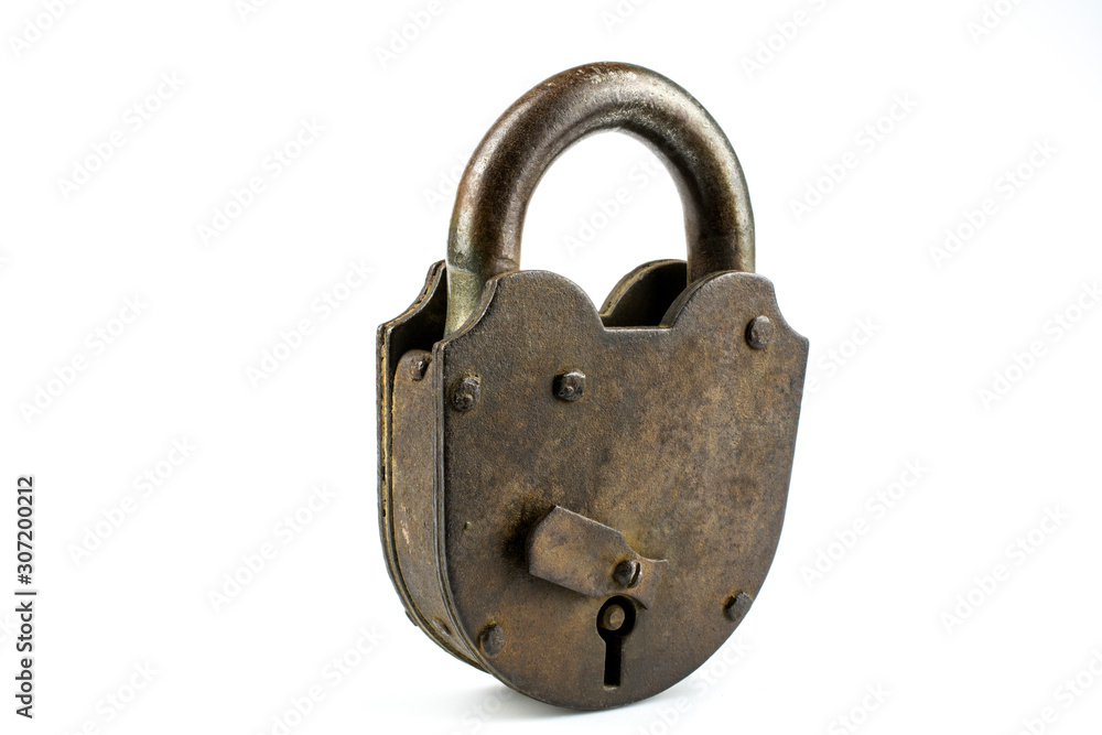 Old rusty barn padlock isolated on a white background. Old rusty barn padlock isolated on a white background.