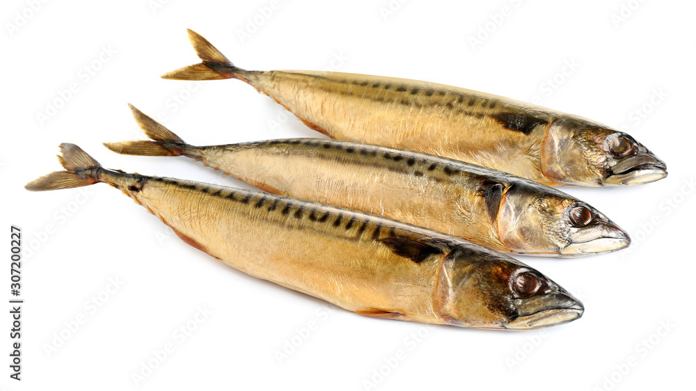 Tasty smoked mackerel fish isolated on white, top view Tasty smoked mackerel fish isolated on white, top view