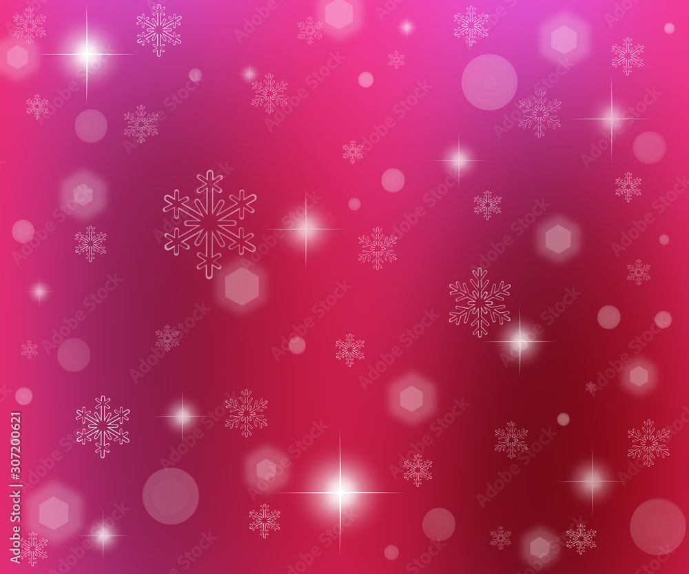 New Year`s drawing a knife of various snowflakes, highlights and glitter on a pink-red background New Year`s drawing a knife of various snowflakes, highlights and glitter on a pink-red background