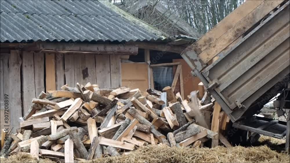 Delivery of firewood to the village by truck. Concept the beginning of the heating season Delivery of firewood to the village by truck. Concept the beginning of the heating season