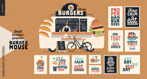 Burger house - small business graphics -food truck -modern flat vector concept illustration of a burgers street food truck van, seller, menu, pavement sign -blackboard, bicycle. Set of caption posters