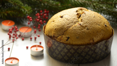 delicious Christmas panettone with decorations photo