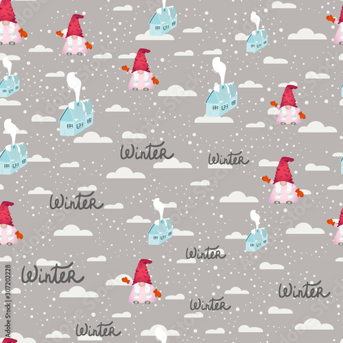 Scandinavian cute christmas gnomes seamless design.