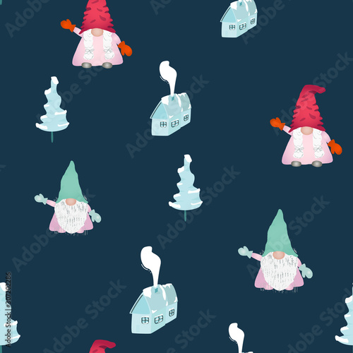 Scandinavian christmas gnomes seamless pattern on blue