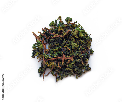 Te Guan Yin mao cha Green Tea, Oolong tea from cuttings laid out in the shape of a circle isolated on a white background