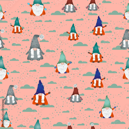 Colorful scandinavian gnomes seamless design on pink.
