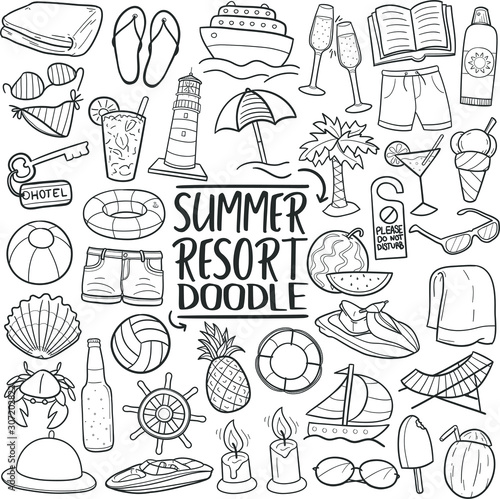 Summer Resort Travel. Tourism Set Exotic Beach. Traditional Doodle Icons Sketch Hand Made Design Vector. 