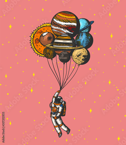 Soaring Spaceman. Astronaut with planets. Balloons in space. Man in the solar system. Engraved hand drawn Old sketch in vintage style.