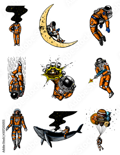 Set of Astronauts in the solar system. Spaceman and whale, taking off cosmonaut, planets in space, balloons and the moon. Engraved hand drawn Old sketch in vintage style.