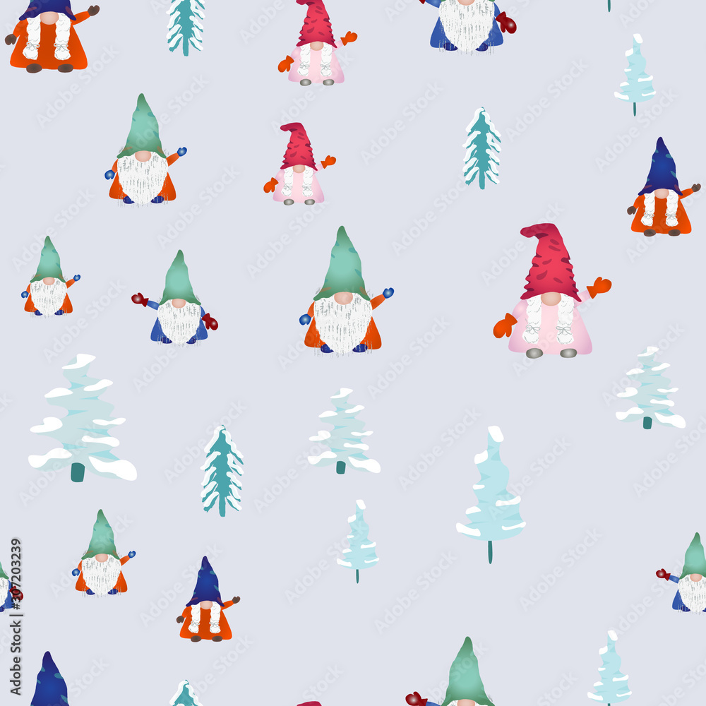 Christmas scandinavian gnomes seamless pattern on light blue.