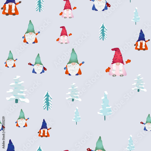 Christmas scandinavian gnomes seamless pattern on light blue.